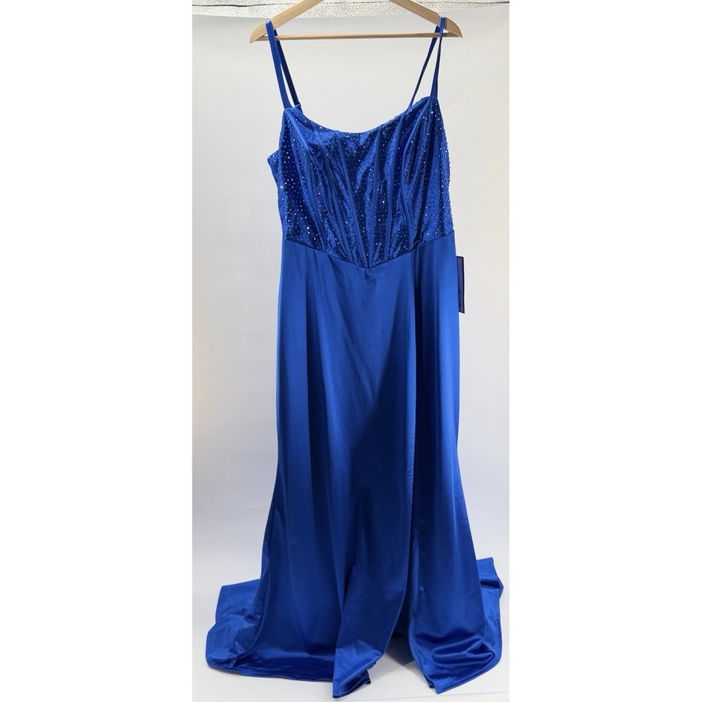 B. Darlin Women's Blue Trendy Embellished Satin Formal Gown Dress Plus Size 20W